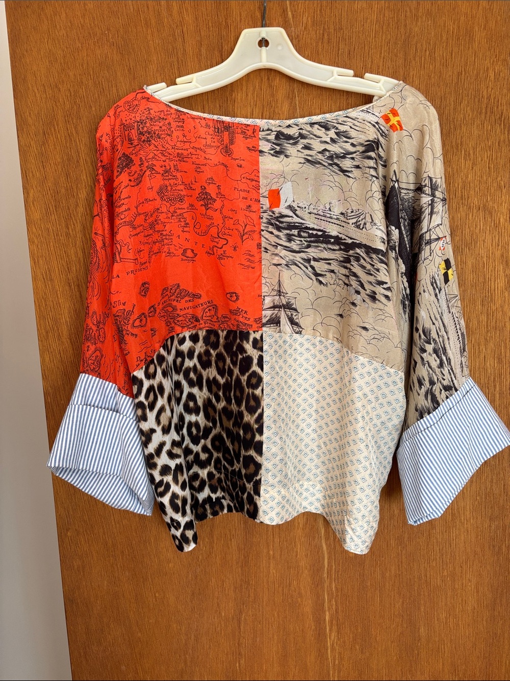 Mixed-Print Patchwork Women’s Blouse in Red, Tan, Black
